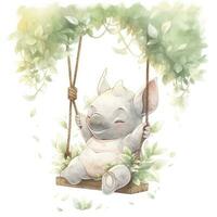 AI generated Cute happy baby rhino on swings in the tree in watercolor style. AI Generated photo