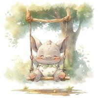 AI generated Cute happy baby rhino on swings in the tree in watercolor style. AI Generated photo