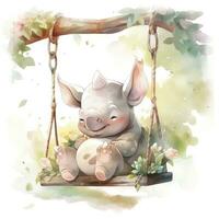 AI generated Cute happy baby rhino on swings in the tree in watercolor style. AI Generated photo