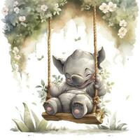 AI generated Cute happy baby rhino on swings in the tree in watercolor style. AI Generated photo