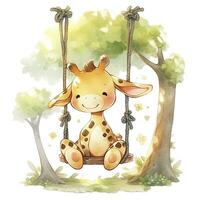 AI generated Cute baby giraffe on swings on the tree in watercolor style. AI Generated photo