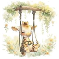 AI generated Cute baby giraffe on swings on the tree in watercolor style. AI Generated photo