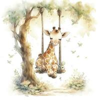 AI generated Cute baby giraffe on swings on the tree in watercolor style. AI Generated photo