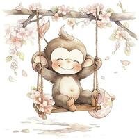 AI generated Cute happy baby monkey on swings on a tree in watercolor. AI Generated photo