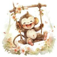 AI generated Cute happy baby monkey on swings on a tree in watercolor. AI Generated photo