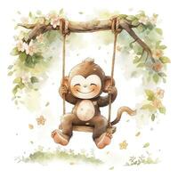 AI generated Cute happy baby monkey on swings on a tree in watercolor. AI Generated photo