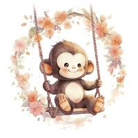 AI generated Cute happy baby monkey on swings on a tree in watercolor. AI Generated photo