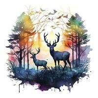 AI generated Colorful Deers in Forest. T-shirt design. AI Generated photo