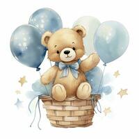 AI generated A watercolor baby teddy bear is sitting in the basket with blue and gold balloons. AI Generated photo