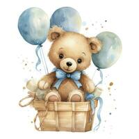 AI generated A watercolor baby teddy bear is sitting in the basket with blue and gold balloons. AI Generated photo