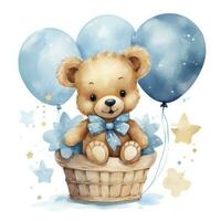 AI generated A watercolor baby teddy bear is sitting in the basket with blue and gold balloons. AI Generated photo