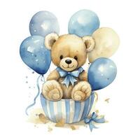 AI generated A watercolor baby teddy bear is sitting in the basket with blue and gold balloons. AI Generated photo