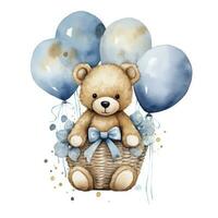 AI generated A watercolor baby teddy bear is sitting in the basket with blue and gold balloons. AI Generated photo