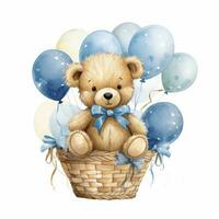 AI generated A watercolor baby teddy bear is sitting in the basket with blue and gold balloons. AI Generated photo