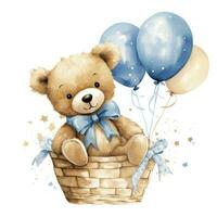 AI generated A watercolor baby teddy bear is sitting in the basket with blue and gold balloons. AI Generated photo