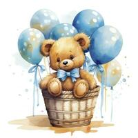 AI generated A watercolor baby teddy bear is sitting in the basket with blue and gold balloons. AI Generated photo