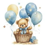 AI generated A watercolor baby teddy bear is sitting in the basket with blue and gold balloons. AI Generated photo