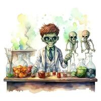 AI generated A student in a science classroom with lab equipment, watercolor. AI Generated photo