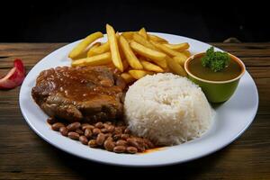 ai generado arroz, frijoles, francés papas fritas, y carne. generativo ai foto