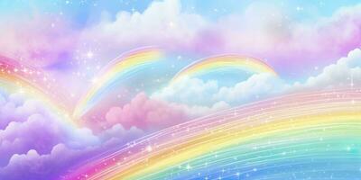 AI generated Fantasy sky rainbow. Fairy skies rainbows colors, magic landscape and dream sky. Generate Ai photo