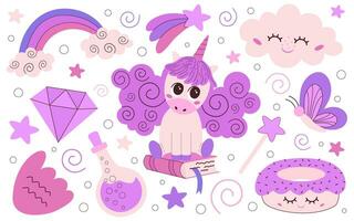 Cute set of magic elements and characters, magic unicorn with horn, kawaii illustration of fairy tale objects, clouds, magic wand, rainbow, stars, horse racing and dreaming. vector