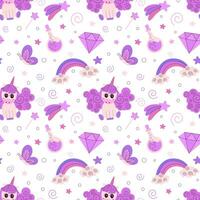 Cute magic seamless pattern on unicorns and fairy tale objects, magic wand, fantasy characters. Fabulous background for children's textiles, wallpapers, unicorns and cute clouds, the realm of dreams. vector