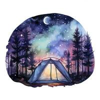 AI generated A Camping Tent in the forest with Night sky, watercolor for T-shirt Design. AI Generated photo