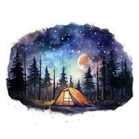 AI generated A Camping Tent in the forest with Night sky, watercolor for T-shirt Design. AI Generated photo