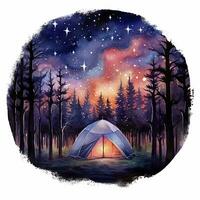 AI generated A Camping Tent in the forest with Night sky, watercolor for T-shirt Design. AI Generated photo