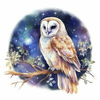 AI generated Watercolor magical owl sitting on a tree branch for T-shirt Design. AI Generated photo