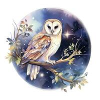 AI generated Watercolor magical owl sitting on a tree branch for T-shirt Design. AI Generated photo