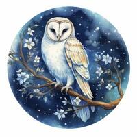 AI generated Watercolor magical owl sitting on a tree branch for T-shirt Design. AI Generated photo