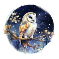 AI generated Watercolor magical owl sitting on a tree branch for T-shirt Design. AI Generated photo