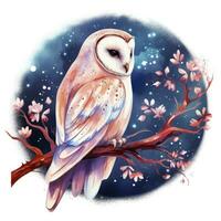 AI generated Watercolor magical owl sitting on a tree branch for T-shirt Design. AI Generated photo