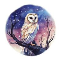 AI generated Watercolor magical owl sitting on a tree branch for T-shirt Design. AI Generated photo