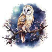 AI generated Watercolor magical owl sitting on a tree branch for T-shirt Design. AI Generated photo