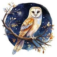 AI generated Watercolor magical owl sitting on a tree branch for T-shirt Design. AI Generated photo