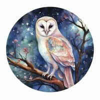 AI generated Watercolor magical owl sitting on a tree branch for T-shirt Design. AI Generated photo