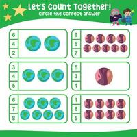 Lets count together. Circle the correct answer. Mathematic count and circle worksheet. vector