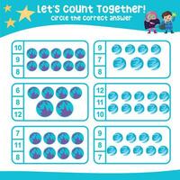 Lets count together. Circle the correct answer. Mathematic count and circle worksheet. vector
