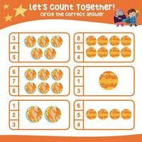 Lets count together. Circle the correct answer. Mathematic count and circle worksheet. vector