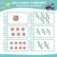 Lets count together. Circle the correct answer. Mathematic count and circle worksheet. vector