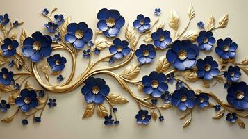 ai generado elegante oro y real azul floral árbol con hojas y flores colgando ramas ilustración antecedentes. ai generado. foto