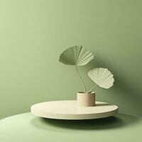 AI generated Empty podium with Ginkgo Biloba leaves and shadows on pastel green background.  AI Generated. photo