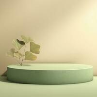 AI generated Empty podium with Ginkgo Biloba leaves and shadows on pastel green background.  AI Generated. photo