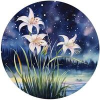 AI generated Watercolor fairy lilies blooming under a starry night sky on a white background. AI Generated photo