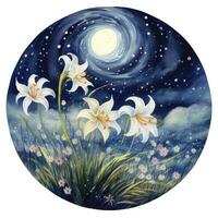 AI generated Watercolor fairy lilies blooming under a starry night sky on a white background. photo