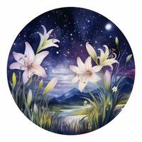 AI generated Watercolor fairy lilies blooming under a starry night sky on a white background. photo