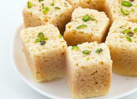 Indian Traditional Famous Sweet Food Mysore Pak or Mysoor Pak on White Background photo