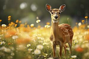 AI generated Female roe deer with beautiful flower. AI Generated photo